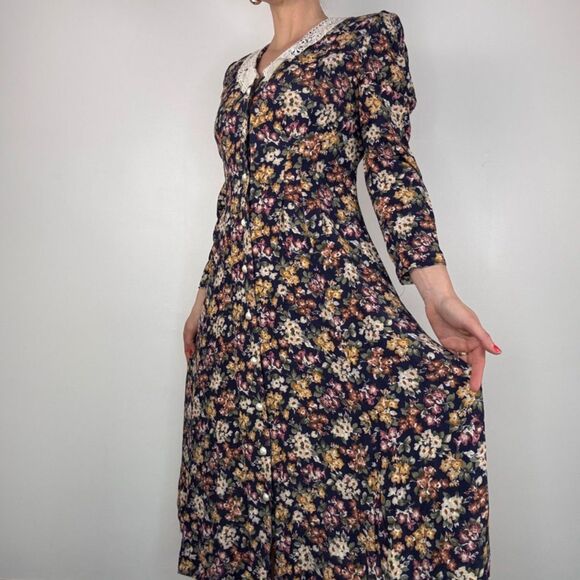 Vintage 80s 90s Floral Dress w/ Lace Collar Puff Sleeves, Romantic Prairie Style - Picture 5 of 11